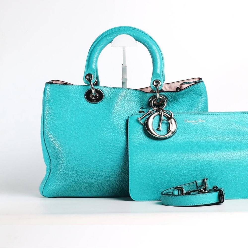 Diorissimo Turquoise Pebbled Leather Satchel with Matching Pouch and Strap Set